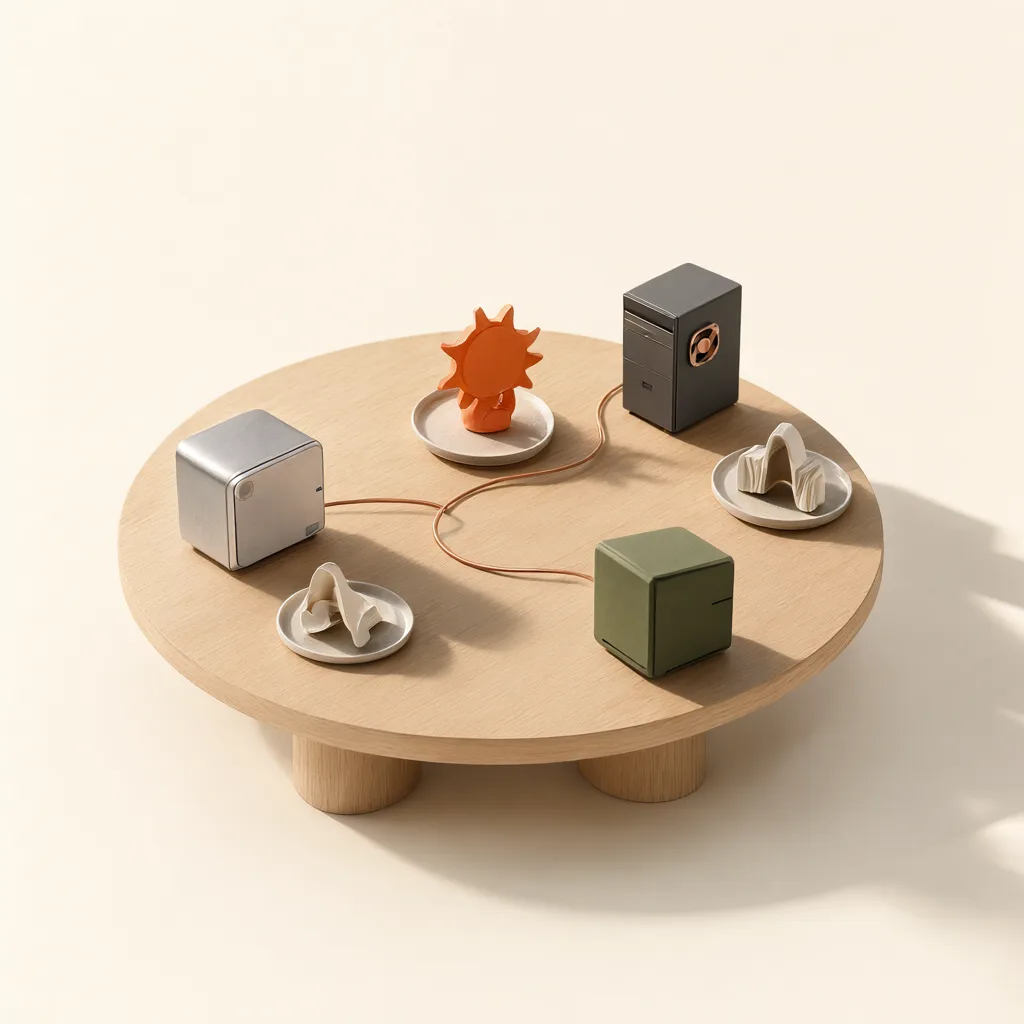 A miniature communal table with three different computers, sharing sculptures that represent thought, images, and sound.